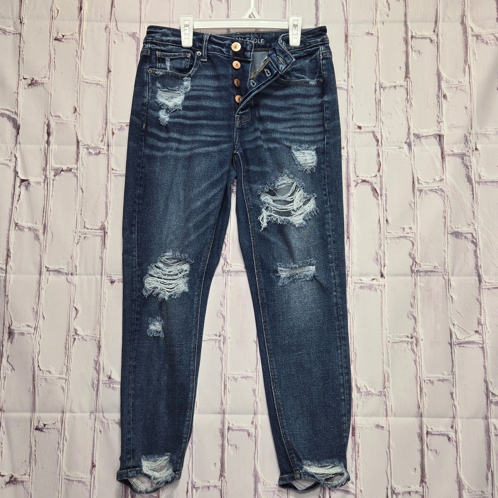 American Eagle Tomgirl Jeans Women 4 Short Dark Wash Distressed Button Fly Denim